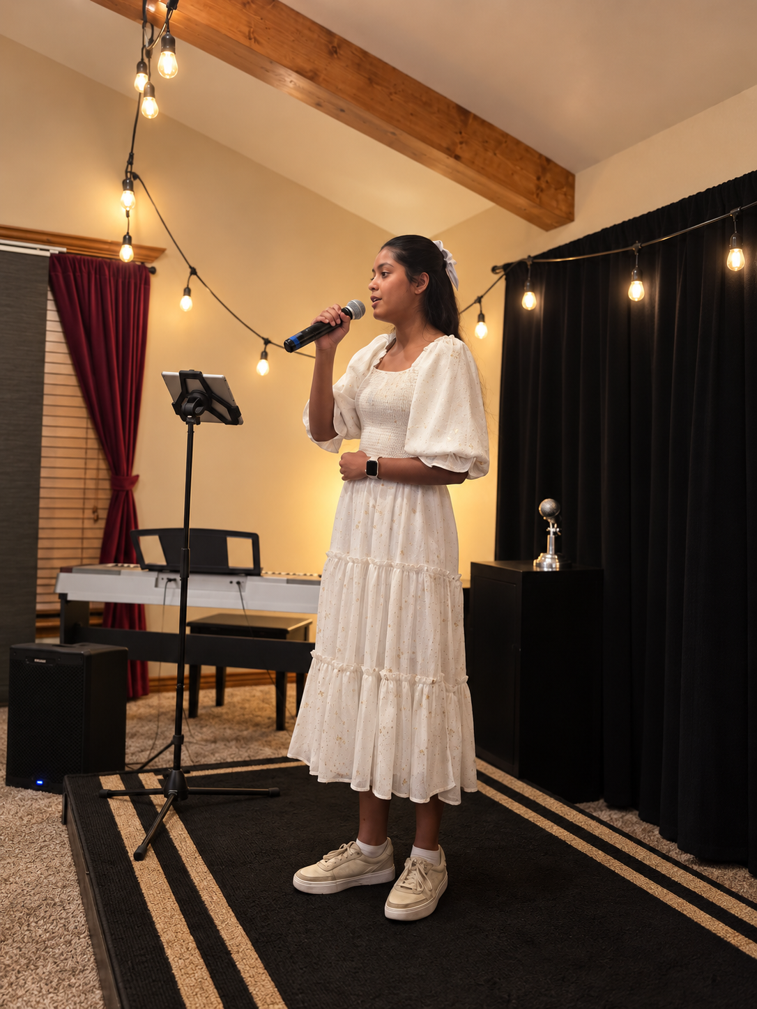 A singer performing into a microphone