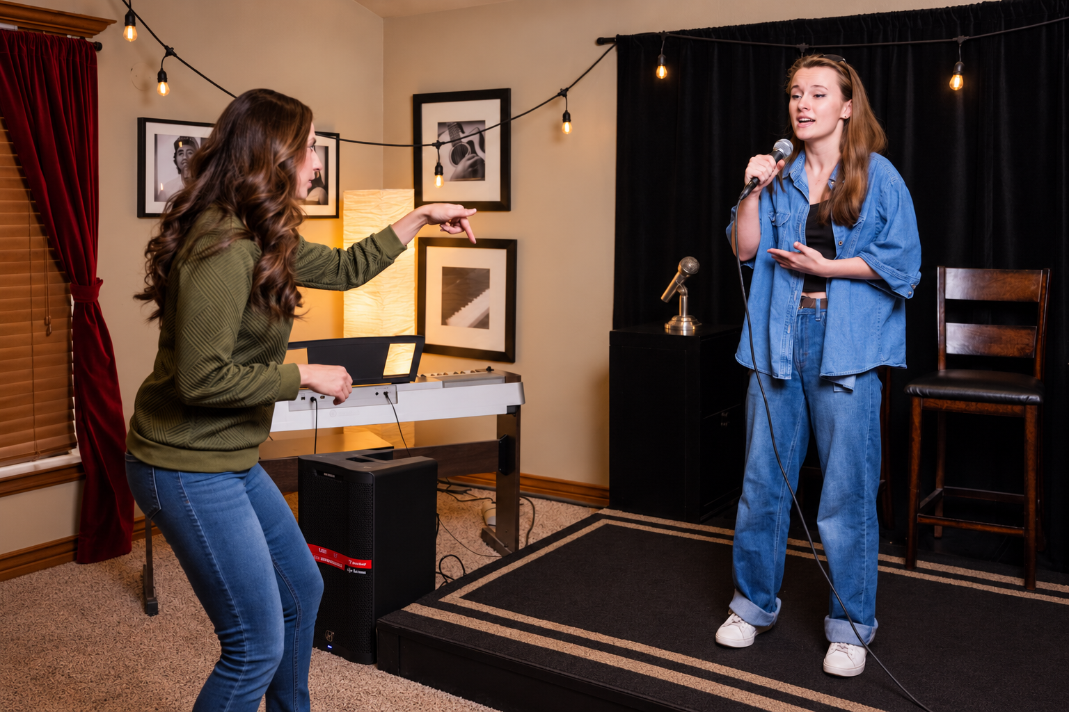 Chelsea coaching a singer at the studio.