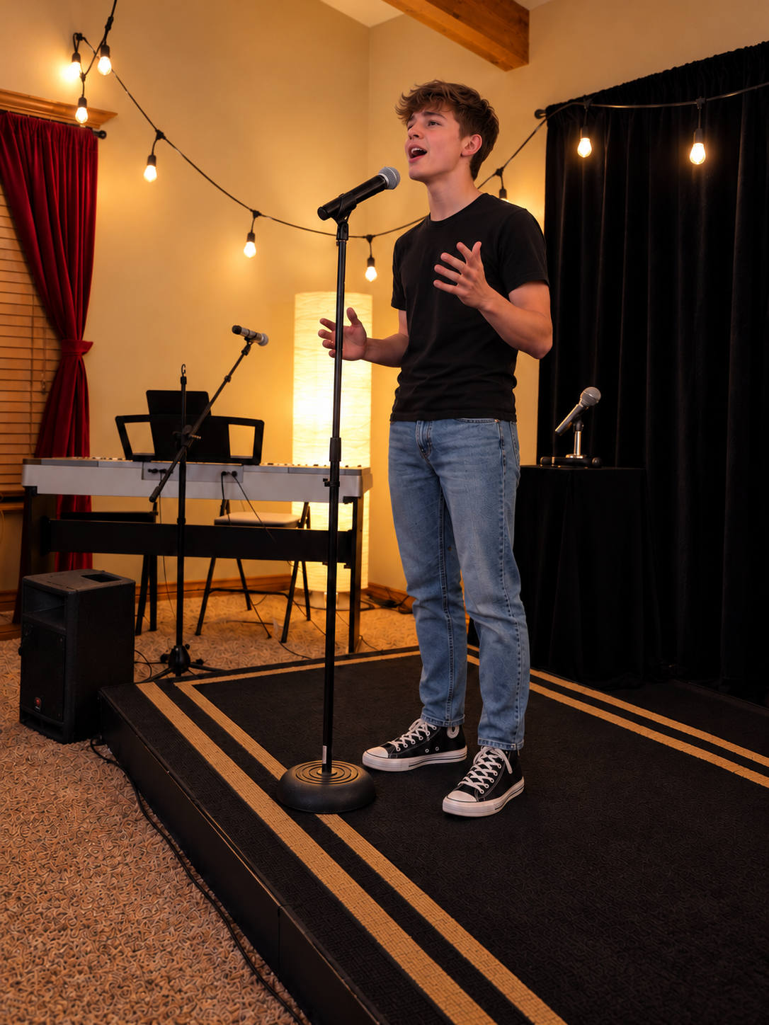 Teenage boy singing at a microphone.