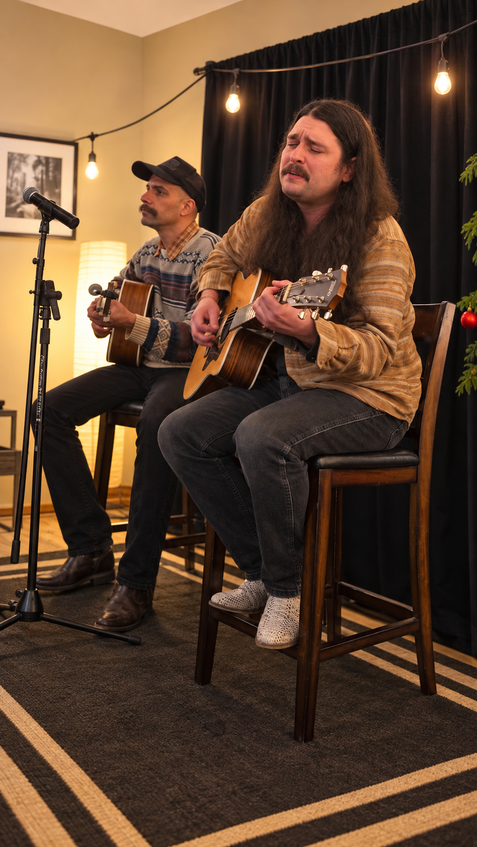 Two musicians performing with acoustic guitars